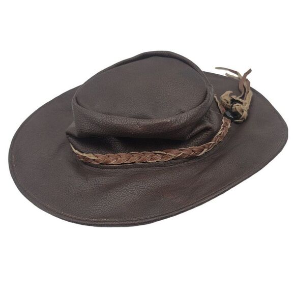Vtg Men's Hat Cowboy Safari Rodeo Unisex Brown Distress Leather Braided Band S - Picture 5 of 7